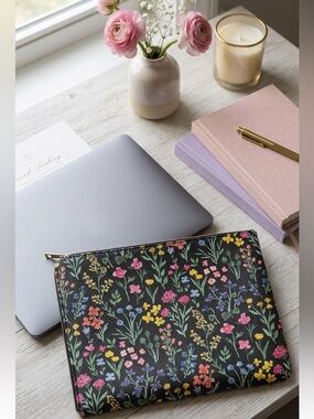 Floral Zip Pouch - Black with Multicolor Wildflowers